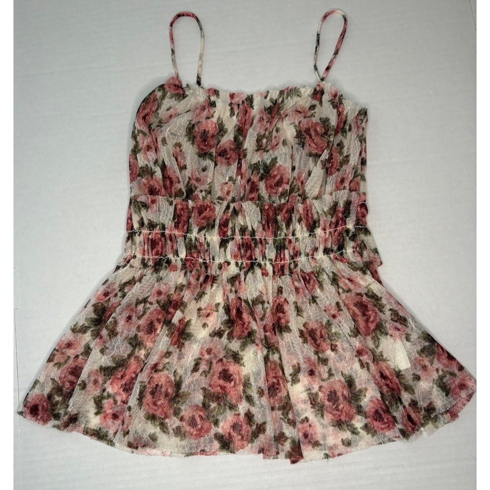 Timing Sheer Floral Mesh Overlay Camisole Top Pink Rose Smocked Peplum Romantic